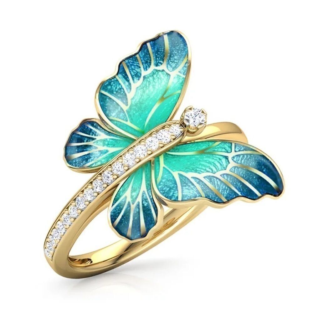 NWT Gold Butterfly Ring CZ stones with aqua and blue butterfly Sizes 6, 8 and 9